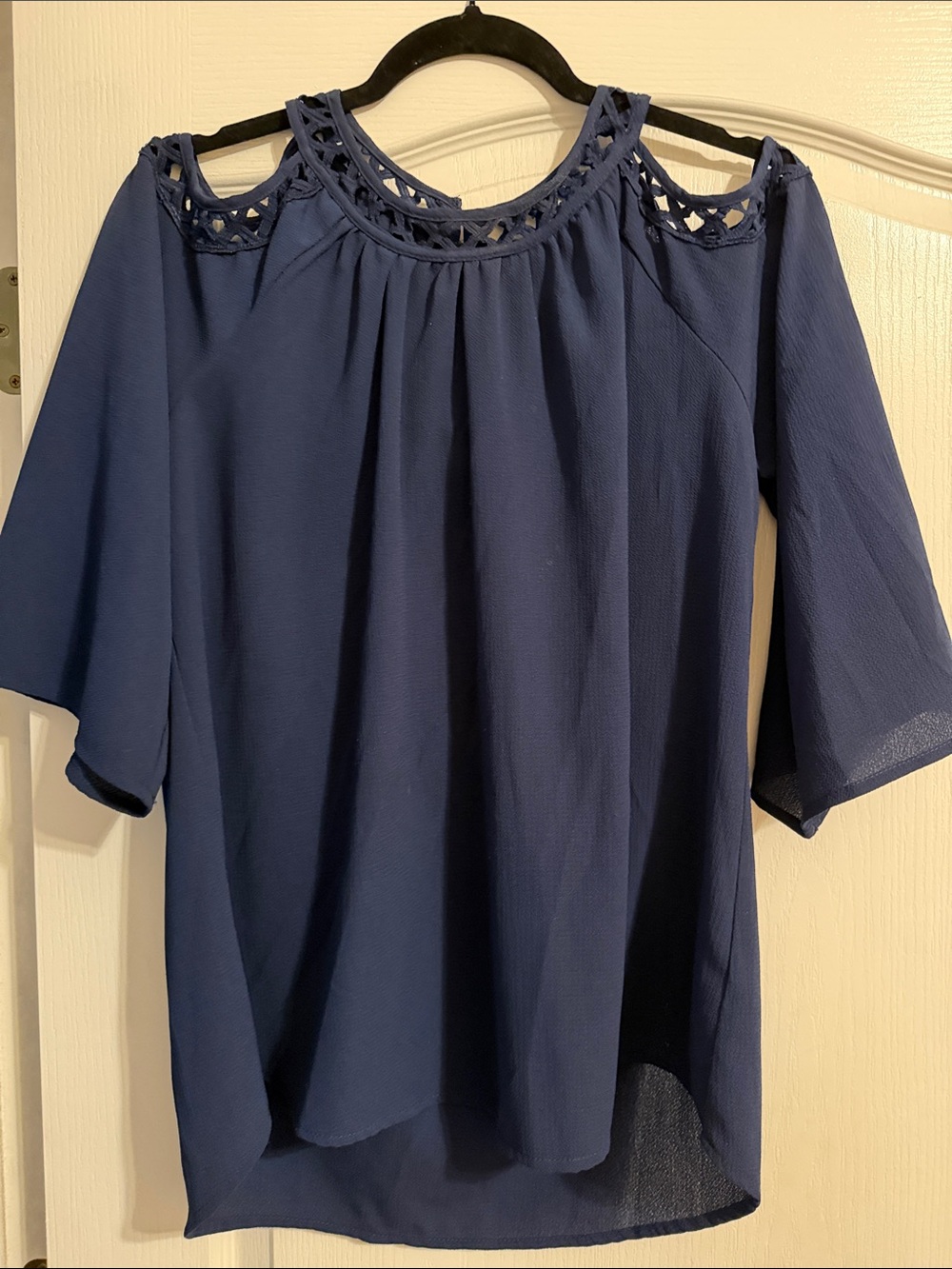 Paper Crane Navy Cold-Shoulder Crochet Yoke Top
